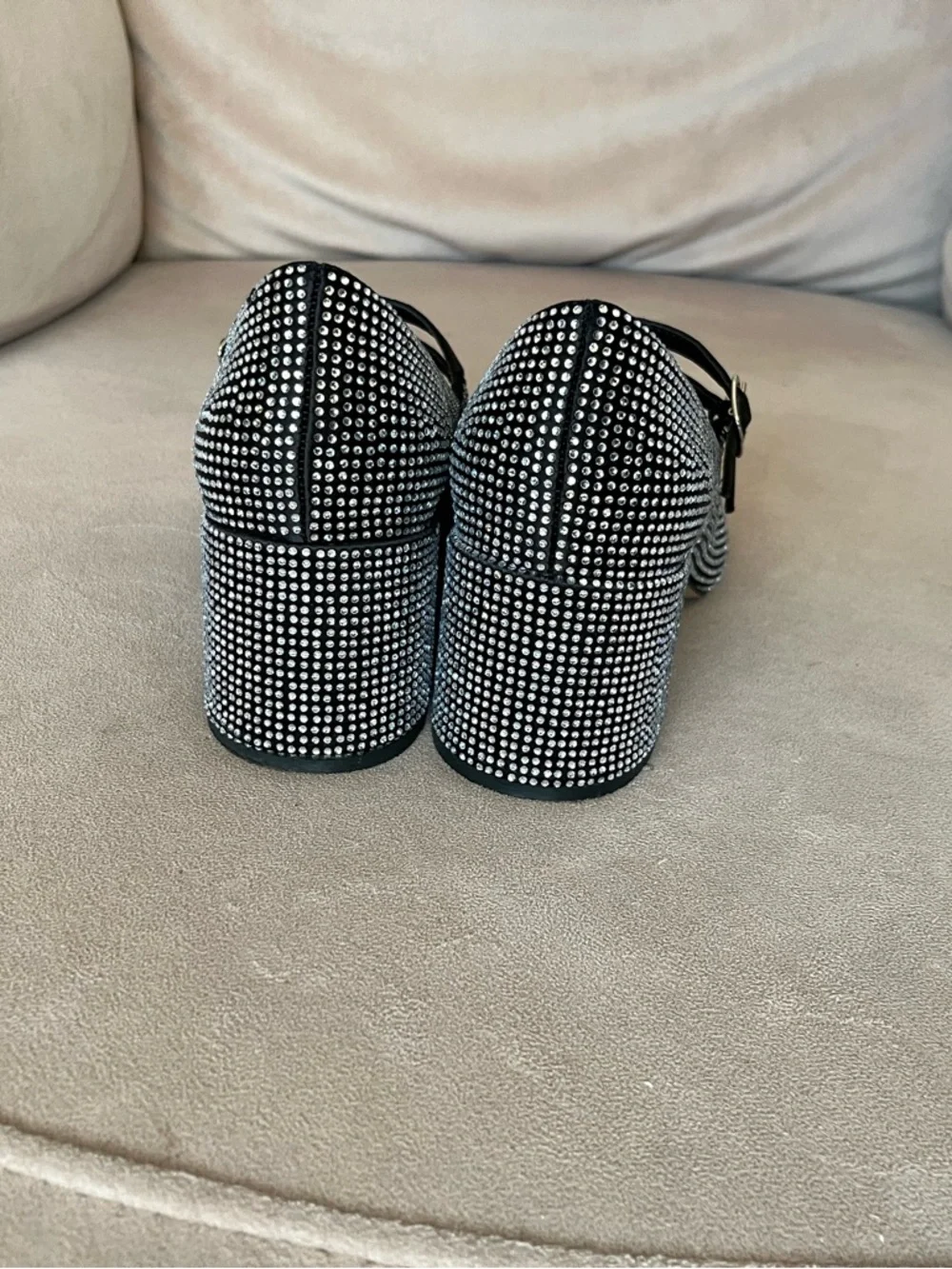 Call It Spring Black Rhinestone Double-Strap Block Heels - Picture 3 of 6